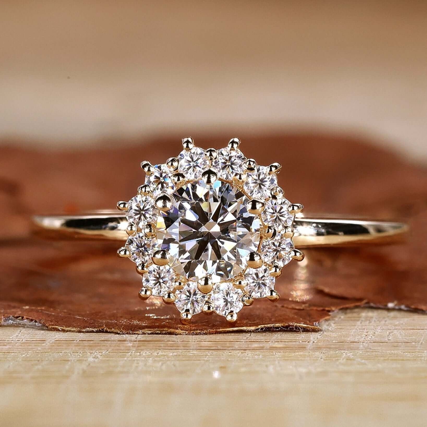 Sparkle Round Cut White Lab Grown Diamond Halo Engagement Gold Ring Shree Diamond Mfg